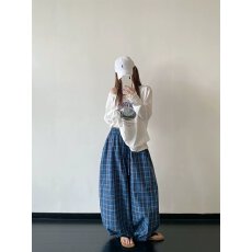 批发美式复古格子抽绳松紧休闲裤<b class='q'>男</b>女潮牌夏季宽松阔腿百搭长