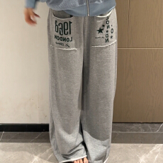 批发线圈棉美式复古口袋印花<b class='q'>百搭</b>运动休闲裤女显瘦灰色卫裤阔