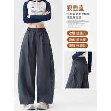 批发美式弯刀工<b class='q'>装</b>阔腿裤女春秋新款高腰小个子宽松显瘦卡其色