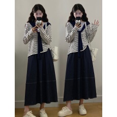批发胖千金实拍~胖妹妹2025新款圆领条纹T恤上衣显瘦高腰半身裙三件套