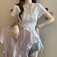 批发胖千金实拍~胖妹妹2026夏季新款修身V领拼接蕾丝系带收腰短袖