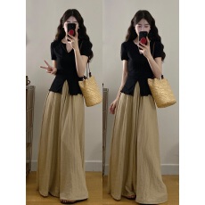 批发胖千金实拍~ 2026国风V领短袖弹力上衣+亚麻垂感松紧腰阔腿裤套装