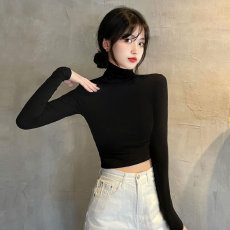 批发春秋洋气显瘦辣妹高领黑色<b class='q'>T</b><b class='q'>恤</b>螺纹长袖打底短款内搭露<b class='q'>紧身</b>上衣女