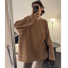 批发秋冬磨毛内搭<b class='q'>打底衫</b>女百搭条纹<b class='q'>中长款</b>加绒长袖圆领设计感条纹t恤