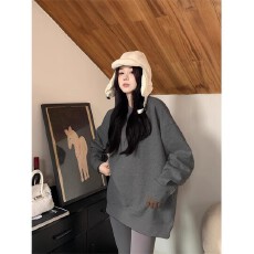 设计感纽扣磨毛长袖内搭ins慵懒风季韩系套头卫衣