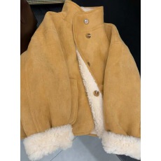 批发美式复古英伦风黄色毛领毛呢外套秋冬款宽松加厚保暖防寒呢子大衣