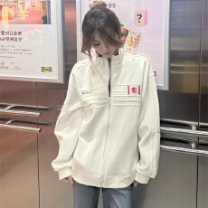 批发美式潮牌徽章刺绣立领开衫卫衣男女秋季设计感织带皱痕夹克<b class='q'>外套</b>