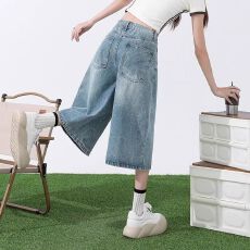 批发阔腿高腰七分牛仔中裤女夏季美式显瘦浅蓝色<b class='q'>大码</b>高街宽松直筒短裤