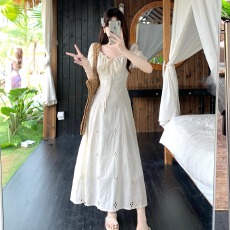 批发系带收腰<b class='q'>连衣裙</b><b class='q'>女</b>夏季新款公主长裙<b class='q'>度假</b>风胖MM<b class='q'>大码</b>遮肉显瘦A字裙