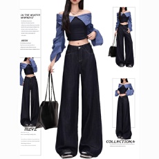 批发小个子高腰宽松复古深蓝色阔腿<b class='q'>牛仔</b>裤<b class='q'>女</b>显瘦直筒裤垂感拖地长裤潮