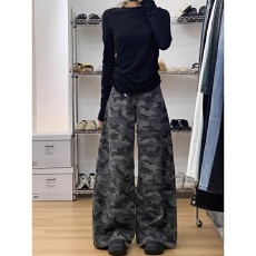 批发小个子复古<b class='q'>迷彩</b>阔腿牛仔<b class='q'>裤</b>女秋季美式辣妹高腰显瘦直筒拖地长<b class='q'>裤</b>子