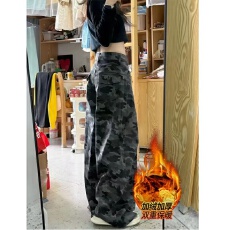 批发加绒高腰宽松直筒小个子工<b class='q'>装</b>阔腿裤美式<b class='q'>辣妹</b>迷彩牛仔裤<b class='q'>女</b>秋季2026