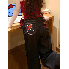 批发美式复古格子拼接直筒阔腿裤潮春秋季高腰<b class='q'>显瘦</b>宽松猫咪刺绣<b class='q'>牛仔裤</b>