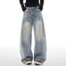 批发直筒休闲宽松水洗阔腿裤美式复古浅蓝色<b class='q'>牛仔裤</b>女秋季春秋2026新款