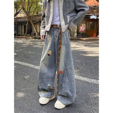 批发情侣款宽松直筒休闲裤<b class='q'>女</b>美式时尚刺绣设计感卡通<b class='q'>牛仔裤</b>男2026春季