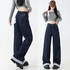 批发深蓝色高腰蝴蝶结格子拼接a版阔腿<b class='q'>牛仔裤</b><b class='q'>女</b>宽松显瘦垂感拖地裤潮
