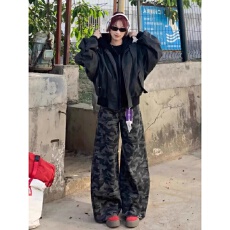 批发美式复古高腰宽松高街工装阔腿迷彩牛仔裤<b class='q'>女</b>2026春夏显瘦拖地裤子