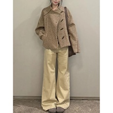 批发复古水洗卡其色微喇牛仔<b class='q'>裤</b>女春秋季<b class='q'>新款</b>宽松小众设计感阔腿长<b class='q'>裤</b>子