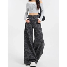 批发高腰显瘦垂感拖地长<b class='q'>裤</b>子美式高街迷彩阔腿牛仔<b class='q'>裤</b>女2026年春季<b class='q'>新款</b>