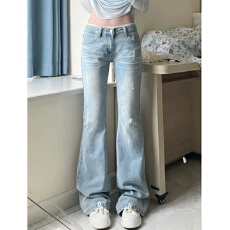 批发美式复古不贴腿浅色蕾丝拼接微喇牛仔<b class='q'>裤</b>女2026春季<b class='q'>新款</b>拖地马蹄<b class='q'>裤</b>