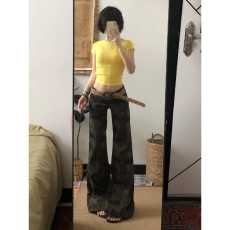 批发春秋<b class='q'>新款</b>美式高街迷彩低腰微喇牛仔<b class='q'>裤</b>女小个子高街宽松显瘦拖地<b class='q'>裤</b>