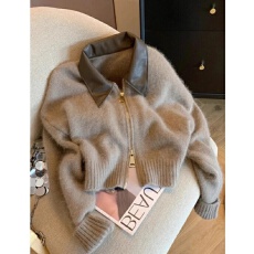 批发高级感咖色polo领双拉链针织开衫女秋冬慵懒风拼接浣熊绒毛<b class='q'>衣外套</b>