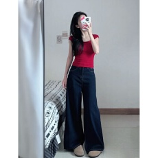 批发小个子阔腿牛仔裤<b class='q'>女</b>春季高腰直筒休闲拖地<b class='q'>长裤</b>深蓝色复古宽松显瘦