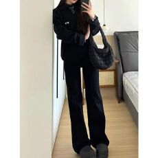 批发窄版直筒<b class='q'>牛仔裤</b>女高街小个子纯色黑色高腰<b class='q'>弹力</b>显瘦阔腿烟管裤子潮