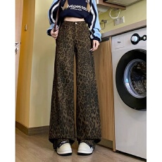 批发美式豹纹阔腿牛仔裤女春<b class='q'>秋</b>季新款辣妹高街宽松直筒休闲拖地牛仔裤