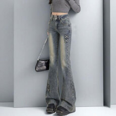 批发百搭<b class='q'>弹力</b>大码高腰微喇<b class='q'>牛仔裤</b>女装复古双扣修身胖mm马蹄喇叭长裤子