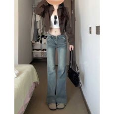 批发口袋设计拼接美式喇叭<b class='q'>裤子</b>毛边微喇牛仔裤女高腰修身马蹄百搭弹力