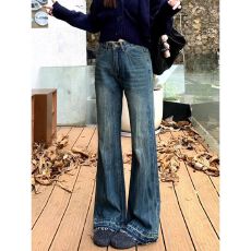 批发复古高腰微喇牛仔裤女<b class='q'>秋</b>季新款毛边设计宽松显瘦不贴腿马蹄裤美式