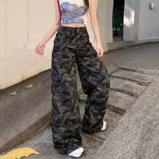 批发复古迷彩牛仔裤女2026新款美式直筒阔腿拖地<b class='q'>裤子</b>高腰宽松显瘦垂感