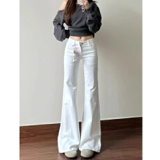 现货供应~~辣妹白色牛仔裤女美式微喇叭高腰修身显瘦马蹄拖地裤潮