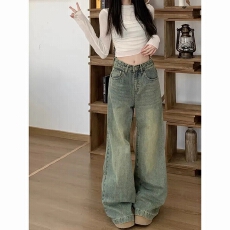 批发水洗做旧阔腿牛仔裤女<b class='q'>秋</b>季新款时尚潮流百搭宽松显瘦直筒拖地长裤