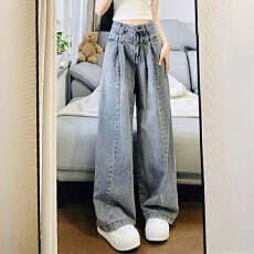 批发美式时尚褶皱设计感直筒牛仔<b class='q'>裤</b>女小众高腰<b class='q'>百搭</b>梨形拖地阔腿长<b class='q'>裤</b>子