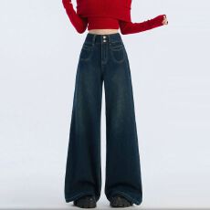 批发设计感街头阔腿牛仔<b class='q'>裤</b>女春秋新款高腰宽松显瘦垂感百搭拖地牛仔<b class='q'>裤</b>