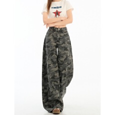 批发美式<b class='q'>迷彩</b>工装牛仔<b class='q'>裤</b>女夏季新款复古高腰直筒<b class='q'>裤</b>宽松百搭显瘦阔腿<b class='q'>裤</b>