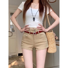 批发辣妹修身美式休闲牛仔短裤女夏季弹力高腰显瘦卡其色直筒丰胯热裤