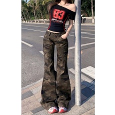 批发美式街头迷彩微喇叭小个子牛仔裤女2026春夏季不贴腿显瘦马蹄<b class='q'>裤子</b>