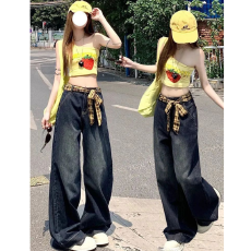 批发格纹腰带宽松显瘦阔腿拖地裤高街vibe复古<b class='q'>牛仔</b>裤<b class='q'>女</b>夏季新款设计感