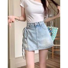 批发绑带包臀牛仔半身裙裤女<b class='q'>夏</b>季新款不规则设计感辣妹高腰a字短裙子
