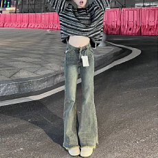 批发美式高腰马蹄裤<b class='q'>微喇</b><b class='q'>牛仔裤</b>女春夏复古辣妹高个子显瘦拖地喇叭长裤