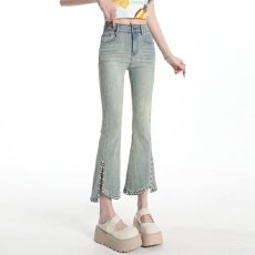 批发九分小个子薄款喇叭裤<b class='q'>钉珠</b>烫钻<b class='q'>牛仔裤</b>女开叉微喇2026年春新款显瘦