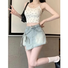 批发假两件牛仔短裤女2026A字<b class='q'>高腰</b>不规则洋气绑带裙裤小个子辣妹裤子