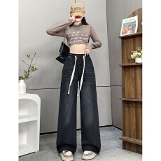 批发小个子<b class='q'>牛仔裤</b>女学生夏季新款高腰抽绳大码梨形身材遮胯显瘦阔腿裤