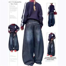 批发新款弯刀牛仔裤复古设计感立体春季男女百搭松弛拖地阔腿镰刀长裤