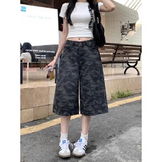 美式复古迷彩七分牛仔裤女夏季新款时尚高腰宽松工装阔腿直筒裤子