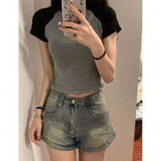 批发美式复古水洗做旧牛仔<b class='q'>短裤</b><b class='q'>女</b>夏季高腰显瘦a字百搭小个子辣妹热裤