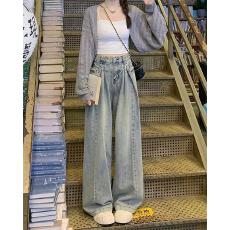 批发复古浅色褶皱阔腿牛仔裤女夏季新款<b class='q'>高腰</b>宽松遮肉显瘦直筒拖地裤子